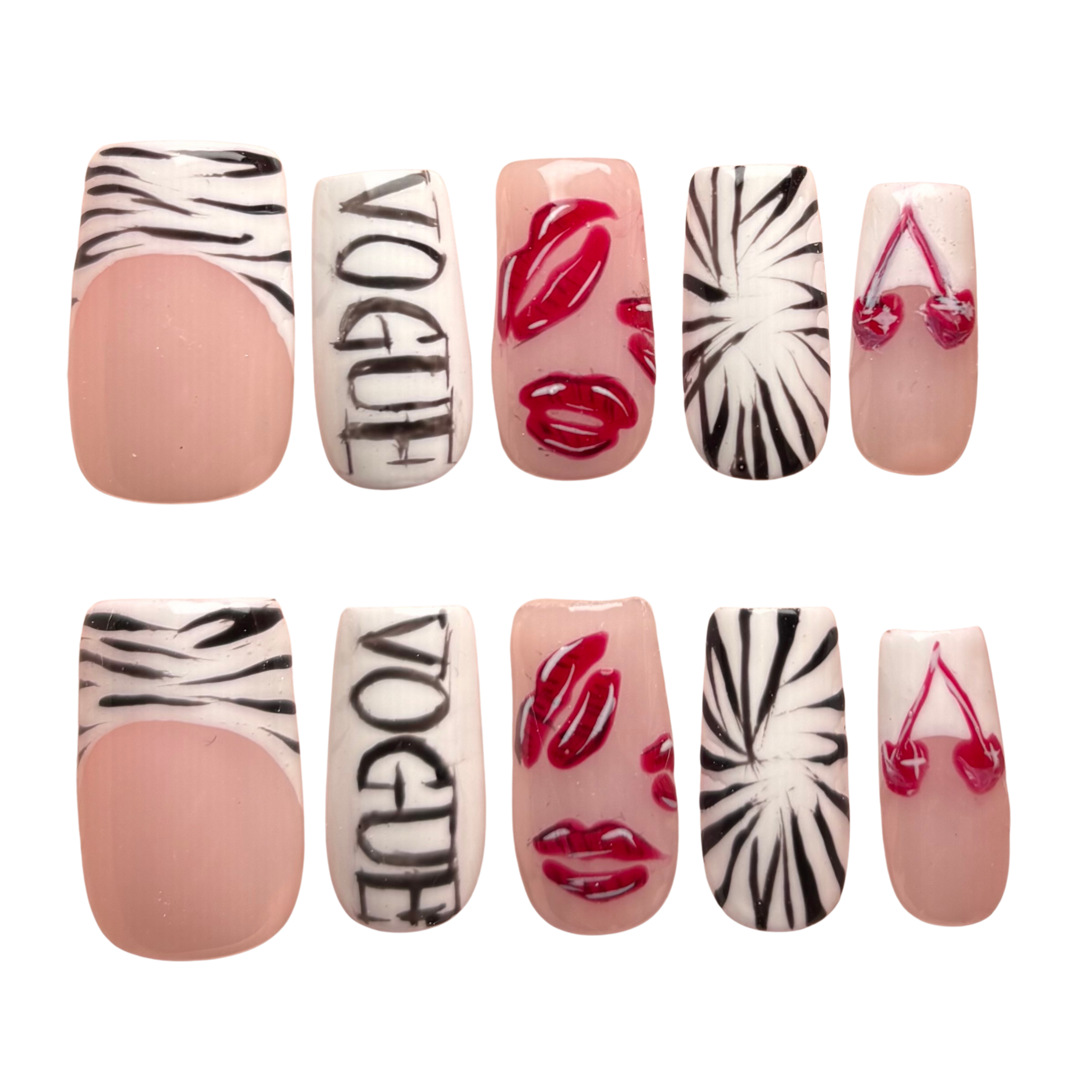 Set of nail art designs with zebra pattern, lips, and 'Vogue' text on a white background