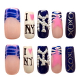 Set of nail art designs with 'I NY', 'XOXO', and decorative elements on a white background.