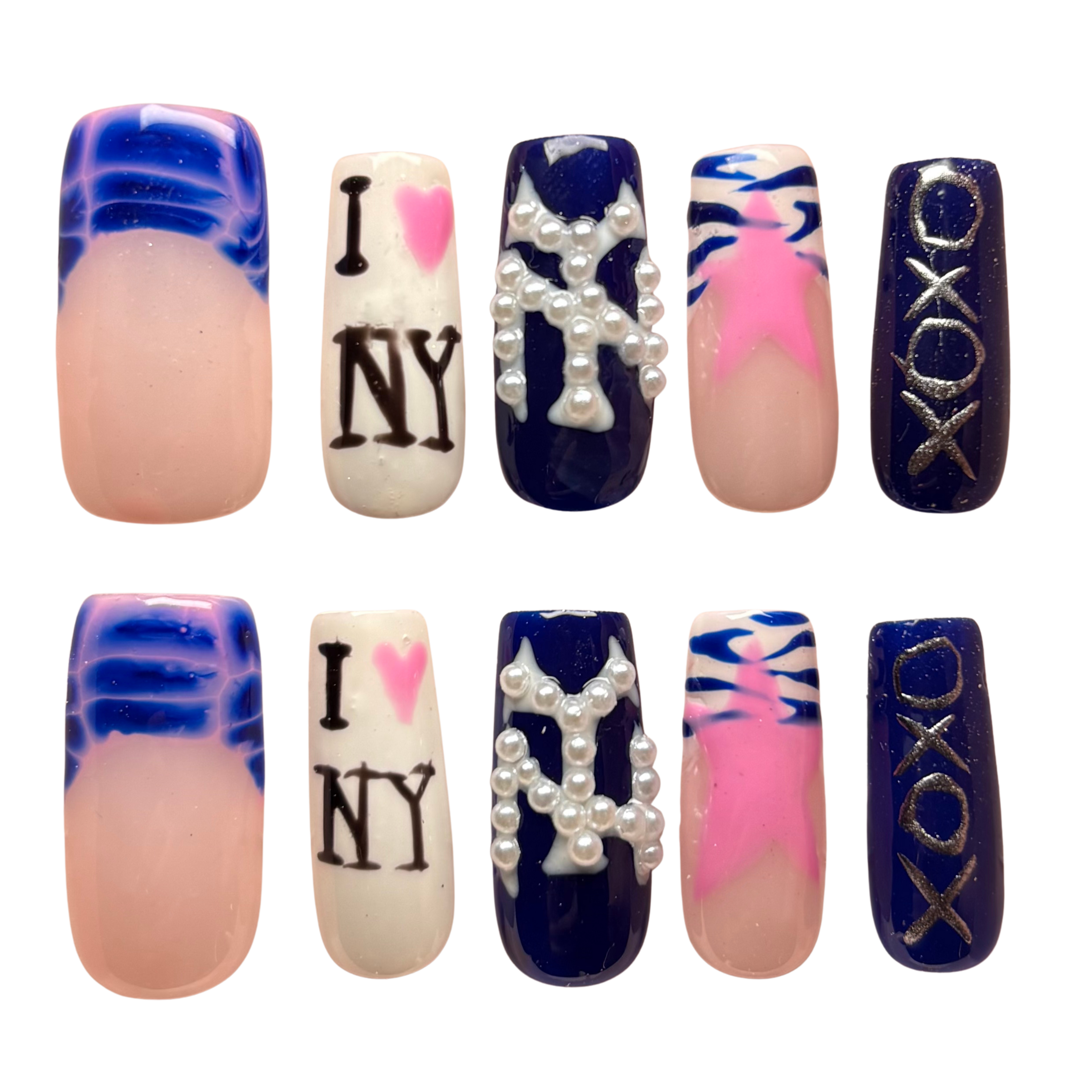 Set of nail art designs with 'I NY', 'XOXO', and decorative elements on a white background.